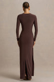 Virelle Brown Boat Neck Maxi Dress With Wrap Detail And Sash