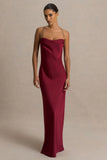 Cher Burgundy Satin Square Neck Maxi Dress With Embellished Detailed Open Back