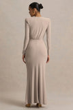 Flashy Champagne Plunge Neck Maxi Dress With Ruched Detailing