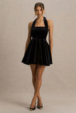 Mirage Black Velvet Halter Neck Mini Dress With Skater Skirt