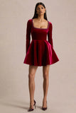 Beloved Red Velvet Hand Embellished Square Neck Mini Dress