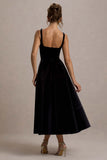 Francisca Black Velvet Strappy Volume Hem Midi Dress