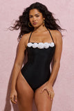 Susy Black Halter Neck Swimsuit With White Corsages