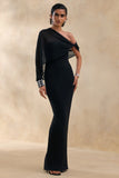 Milania Black Asymmetric Neck Maxi Dress With Twist Sleeve