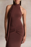 Hyla Brown High Neck Maxi Dress With Sash Detail