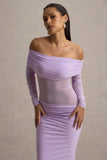 Belamour Lavender Semi Sheer Bardot Gathered Maxi Dress