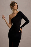 Doll Black Asymmetric One Sleeve Ruched Maxi Dress