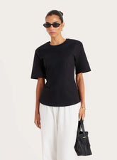 Black Shoulder Pad Cinched Waist T Shirt