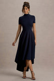 Bellona Navy High Neck High Low Midi Dress