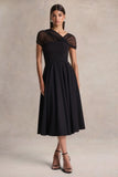 Rosette Black Asymmetric Neck Midi Dress