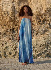 Blue Ombre Print Plisse Bandeau Maxi Dress