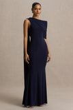 Tiana Navy Asymmetric Neck Maxi Dress With Drape Detail