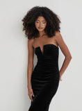 Black Velvet Bandeau Ruched Maxi Dress