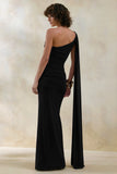 Bettine Black Asymmetric Neck Maxi Dress With Cape Sleeve