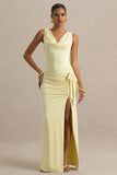 Pure Affection Pale Lemon Cowl Neck Maxi Dress With Ruched Detailing And Front High Split