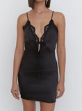 Black Satin Lace Trim Mini Dress