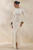Karessa Cream High Neck Maxi Dress With Gathered Detailing And Front High Split