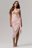 Letitia Pale Pink Square Neck Floral Detailed Wrap Midi Dress