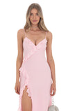 Ruffle V Neck Maxi Dress in Pink