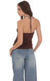 Mesh Plunge Two Piece Tie Top in Brown