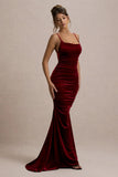 Adele Berry Velvet Ruched Strappy Fishtail Maxi Dress