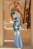 Ceremony Large Blue Floral Print Bandeau Fishtail Maxi Dress