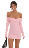 Twist Ribbed Off Shoulder Sweater Dress in Pink