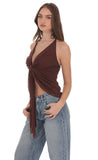 Mesh Plunge Two Piece Tie Top in Brown