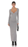 V Neck Long Sleeve Maxi Dress in Grey