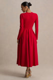 Bellamy Red Crew Neck Long Sleeve Midi Dress