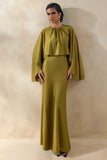 Vanthea Olive Satin Round Neck Maxi Dress With Cape Sleeves