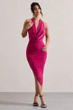 Hayley Hot Pink Cowl Neck Asymmetric Maxi Dress