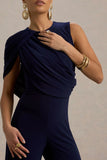 Opulence Navy Jumpsuit With Cape Sleeve and Draped Details