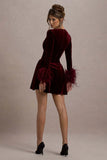 Pasilla Port Velvet Plunge Neck Feather Trim Mini Dress