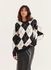 Black And Cream Knitted Argyle Crew Neck Jumper
