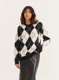 Black And Cream Knitted Argyle Crew Neck Jumper