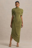Enchant Olive Asymmetric Twisted Cape Midi Dress