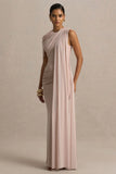 Brenda Champagne Crew Neck Maxi Dress With Mesh Cape And Sash
