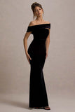 Candela Black Velvet Asymmetric Bardot Maxi Dress