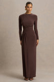 Virelle Brown Boat Neck Maxi Dress With Wrap Detail And Sash