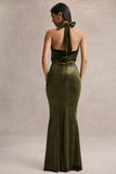 Lavernia Olive Velvet Halter Neck Maxi Dress With Gathered Detailing