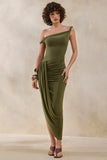 Angelique Olive Green Twisted Asymmetric Maxi Dress