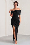 Eva Black Bardot Bow Detail Maxi Dress With Thigh Split