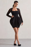 Alto Black Square Neck Mini Dress With Puff Skirt