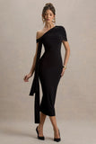 Praia Black Asymmetric Neck Maxi Dress With Sash and Draped Detailing