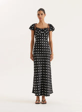 Black Polka Dot Print Satin Slip Maxi Dress