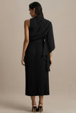 Jimena Black High Neck Midi Dress With One Long Sleeve And Pleated Detailing