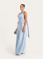 Light Blue Satin Cowl Neck Maxi Dress