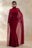 Adoring Burgundy Velvet High Neck Maxi Dress With Cape