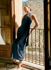 Navy Satin Halterneck Maxi Dress